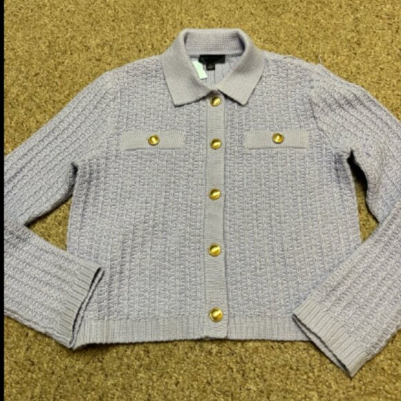 ANN TAYLOR LILAC BUD STITCHED COLLARED BUTTON SWEATER JACKET GOLD BUTTON $149 L - Picture 6 of 8